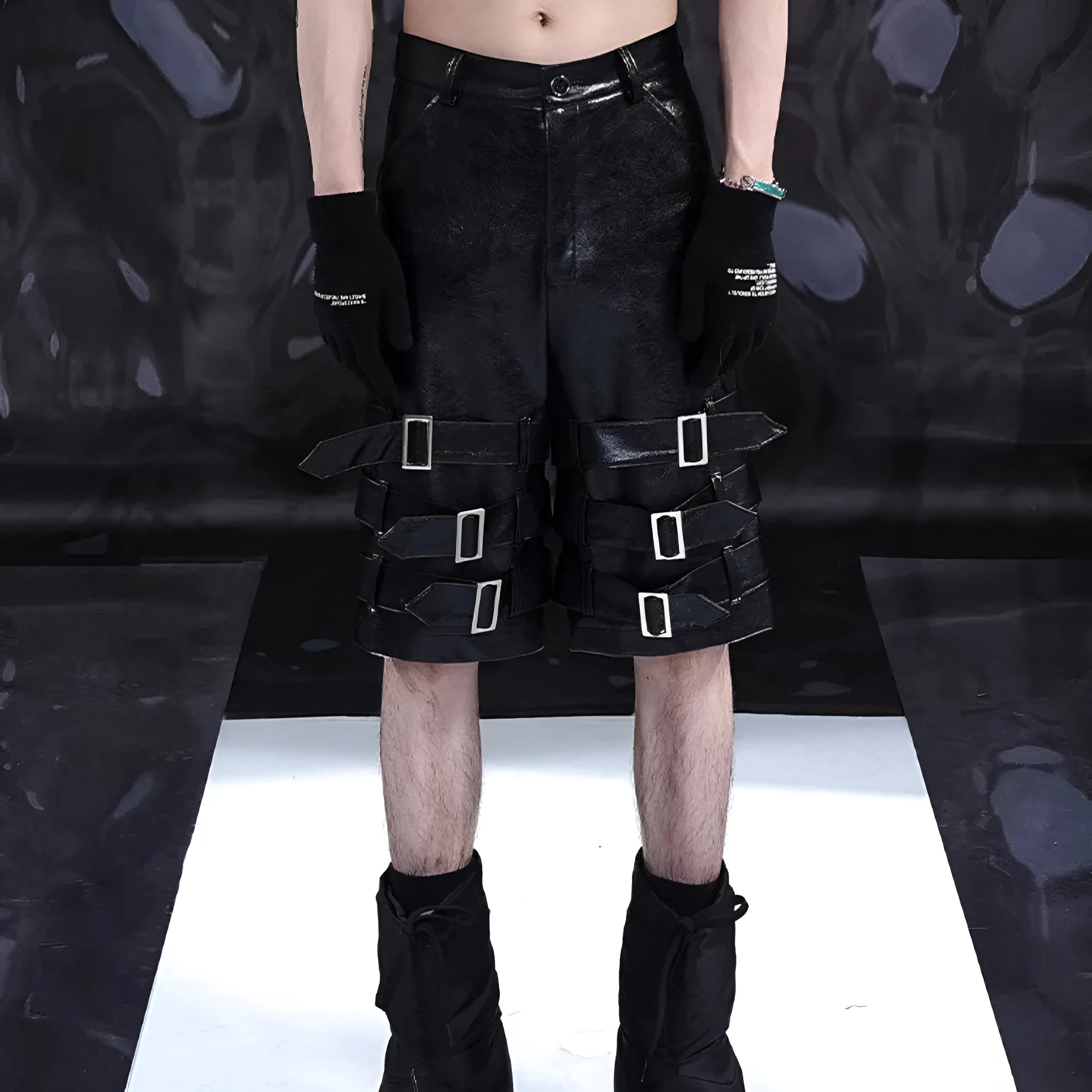Men's black PU leather casual shorts with metal ring detail on a medium-low waistband.