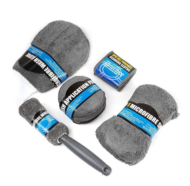 9-piece grey car wash cleaning set with microfiber sponge, gloves, tyre brush, wipes and towels