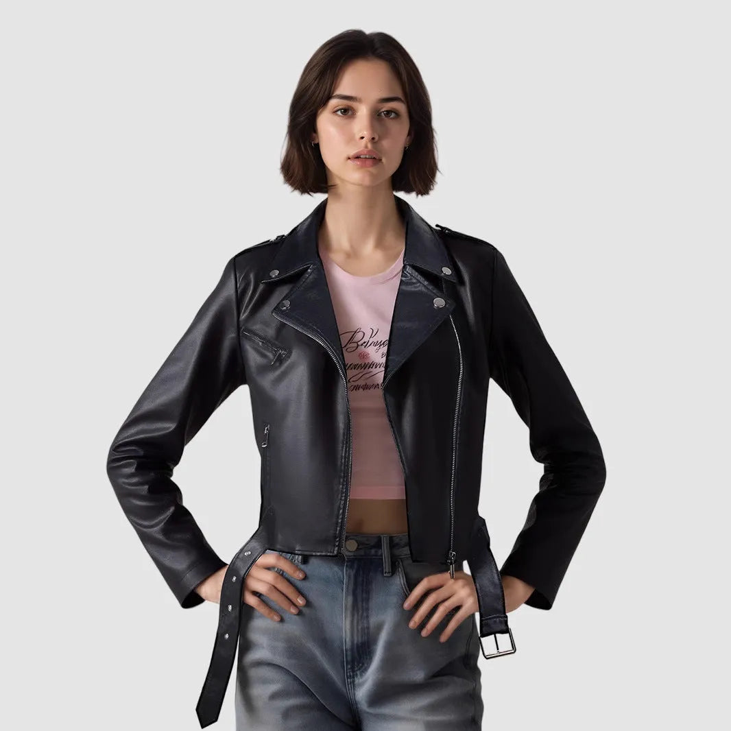 Women's red PU leather motorcycle jacket with lapel collar and a short waist belt.
