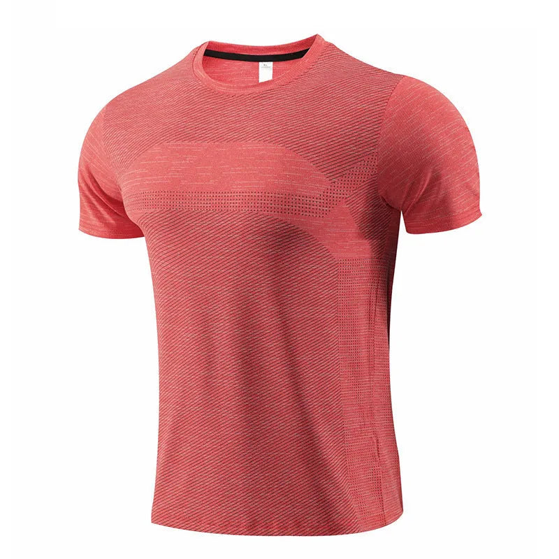 Man's short sleeve running t-shirt in polyester spandex fabric, shown in red colour.
