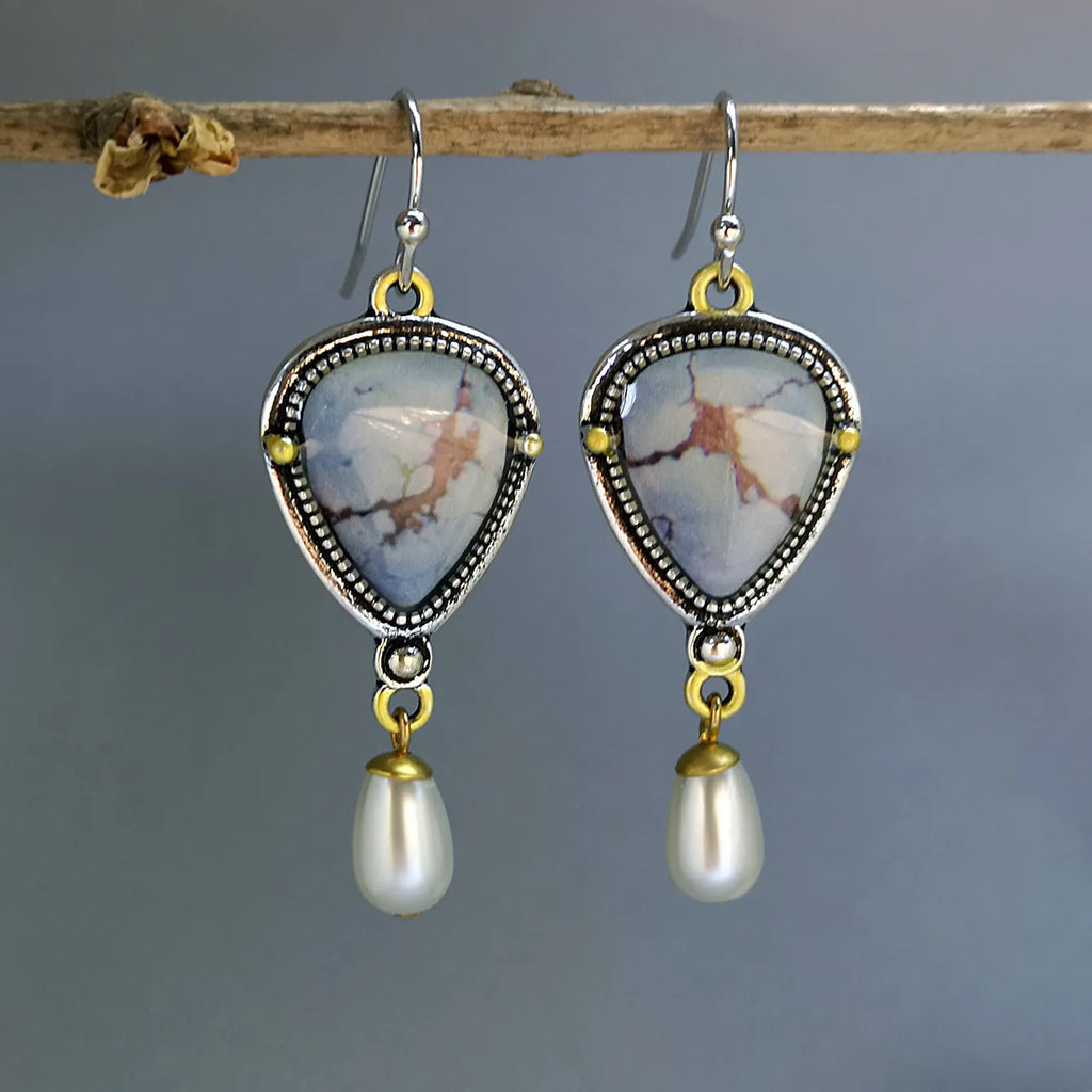 Retro blue geometric drop earrings with synthetic opal and pearl on metal setting