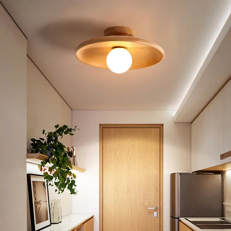 Solid wood ceiling lamp with glass shade in wood colour and walnut colour options
