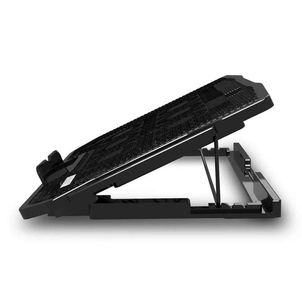 Black metal mesh notebook cooler with six ultra-quiet fans, adjustable height, and USB cable on a desk