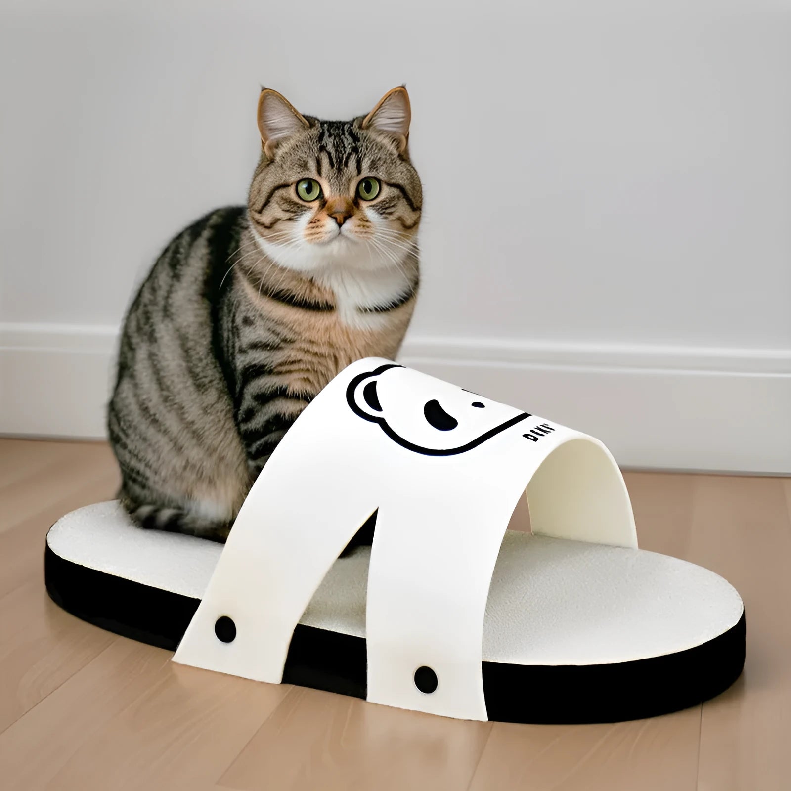 White slipper-style corrugated cardboard cat scratch board on a floor.