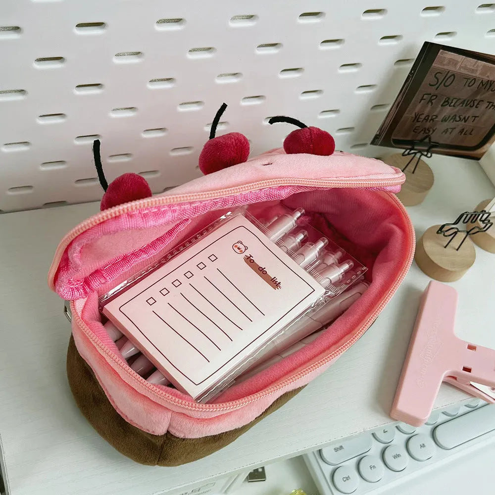 Cherry Cake plush design velvet pencil case in Korean style