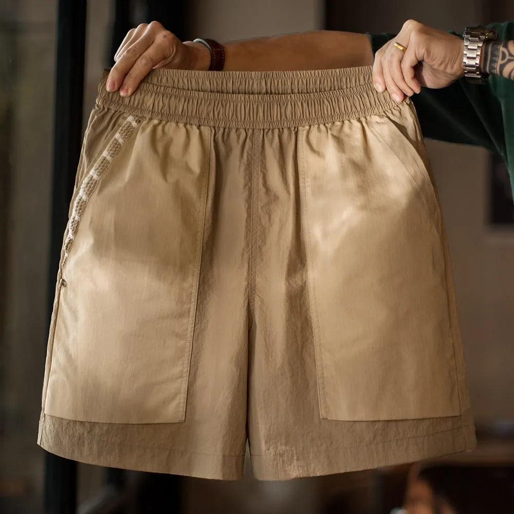Men's khaki quick-drying polyester shorts, straight leg, fifth length, large pocket, sizes S to 2XL