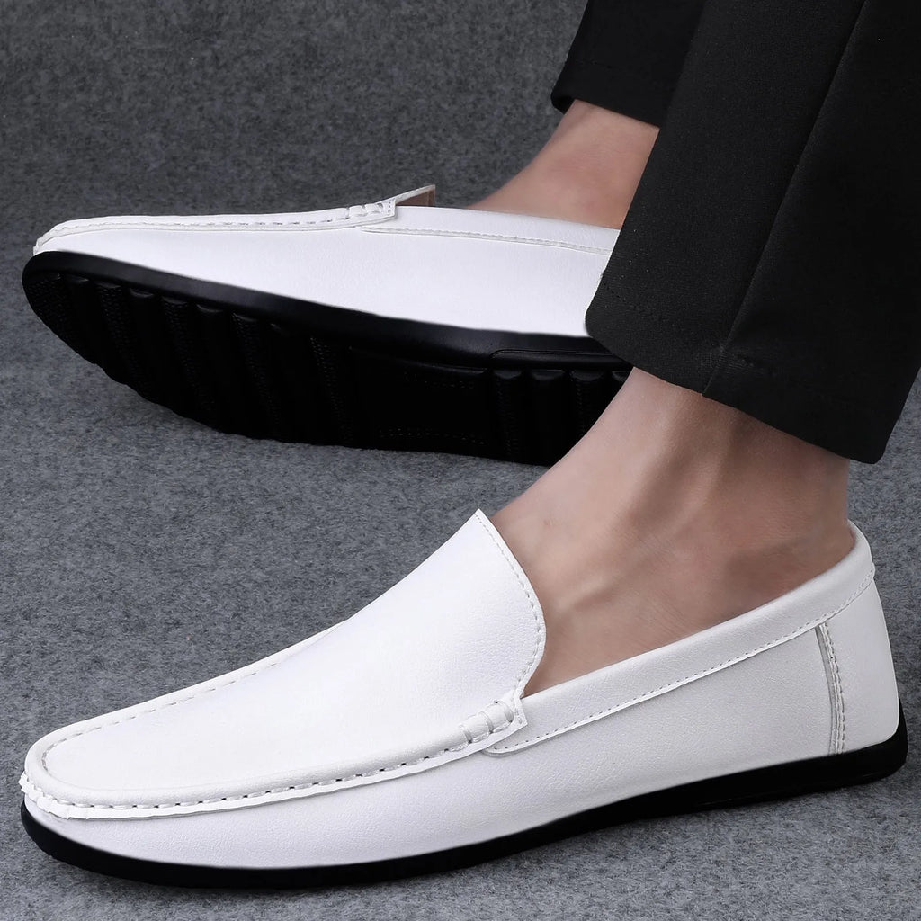 Men's white casual loafers low-top soft bottom flat heel stitched rubber sole side view
