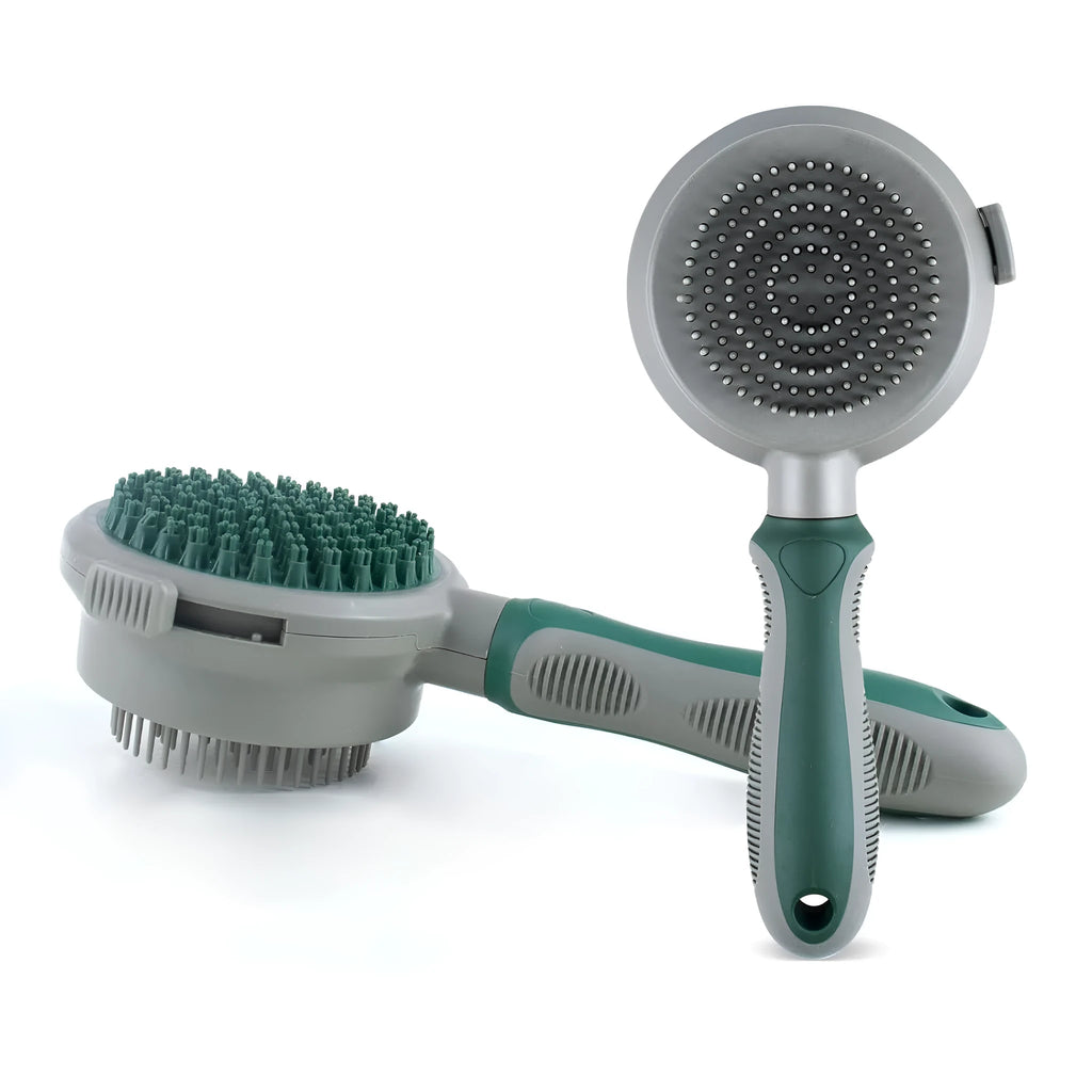 Green two-sided cat grooming brush with retractable slicker and silicone massager head