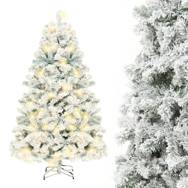 Green and white PVC artificial snow Christmas tree with metal stand, shown at 180cm and 230cm heights.