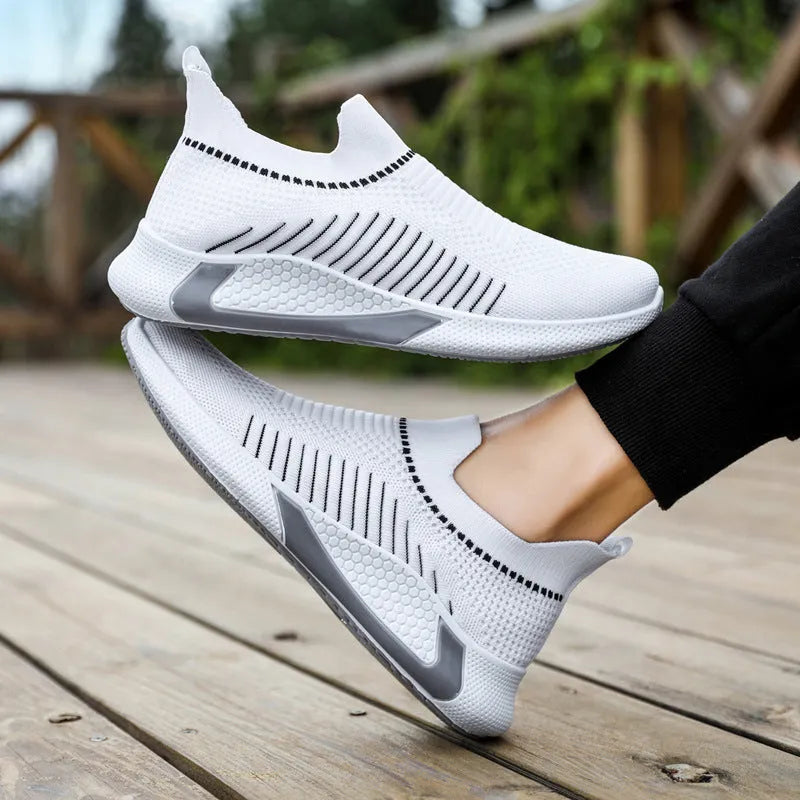 Men's black and white striped mesh sock running shoes with lace-up front