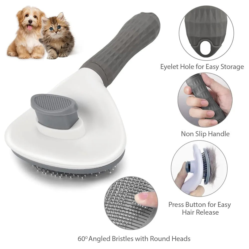 Blue cat grooming brush with a release button and fine wire bristles for removing loose hair.