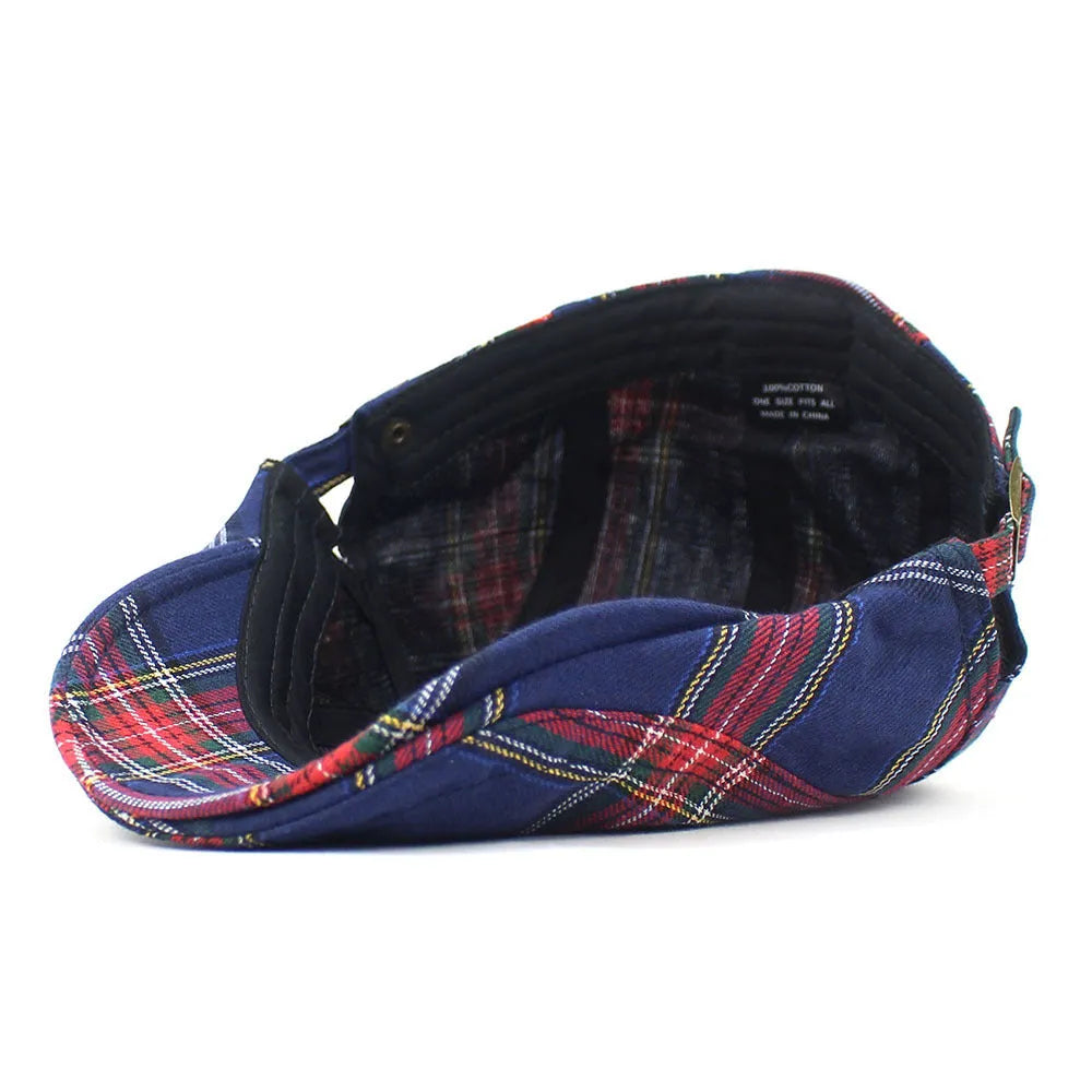 Retro plaid beret with dome crown and curved brim in red colour for adult men and women
