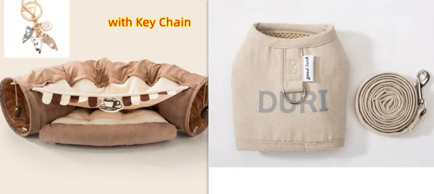 Collapsible cloth cat tunnel folded and unfolded, showing bar design pattern.