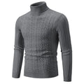 Man wearing a milky white slim fit chenille turtleneck pullover sweater.