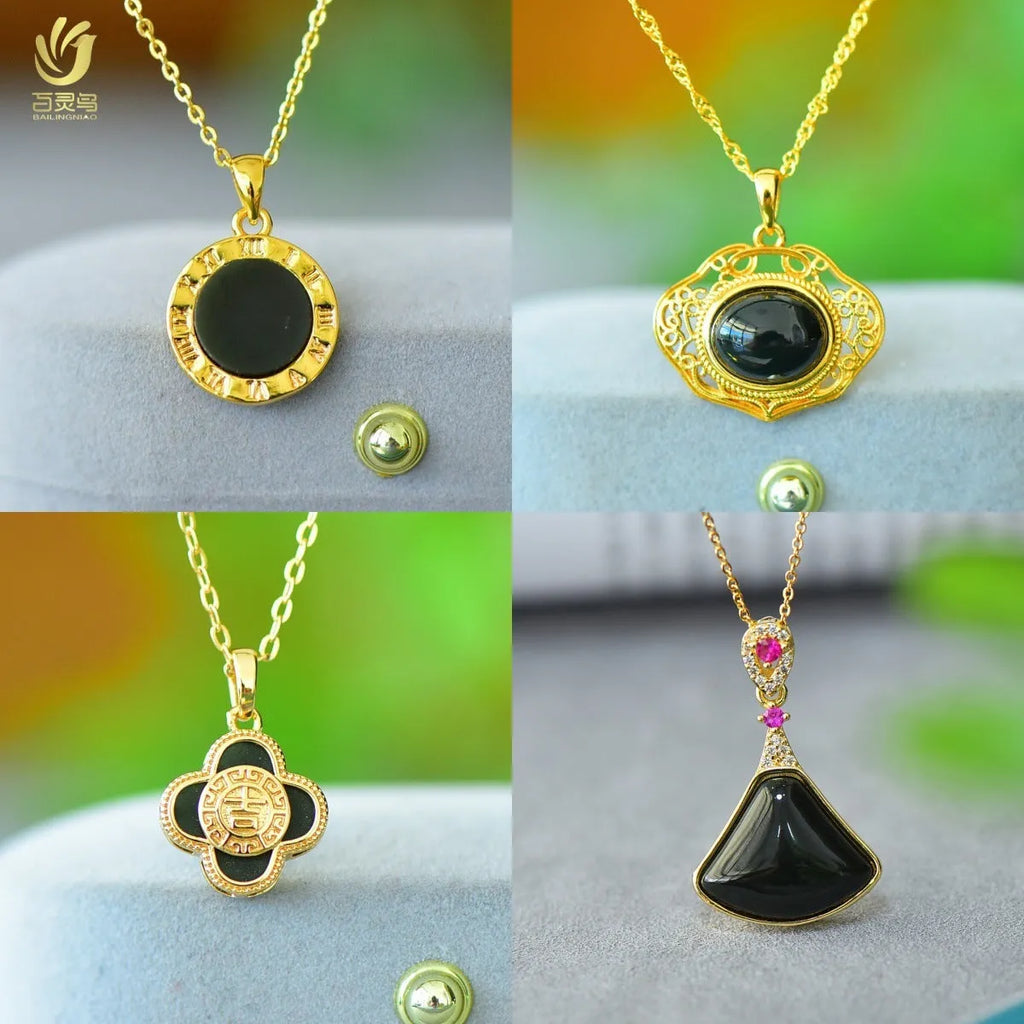 Hetian gray jade pendant with copper inlay on necklace showing ink blue tones in minimalist design