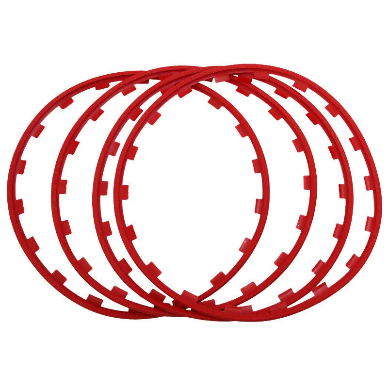 Set of four nylon wheel hub protection rings in multiple colours and sizes
