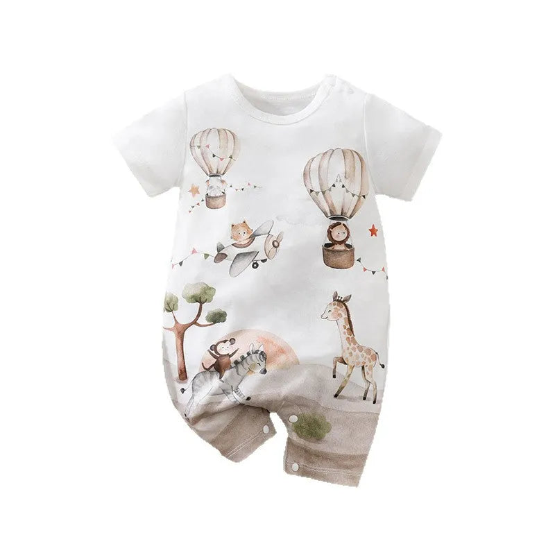 Summer baby romper short sleeve thin polyester jumpsuit with printed design for unisex newborn 52-90cm