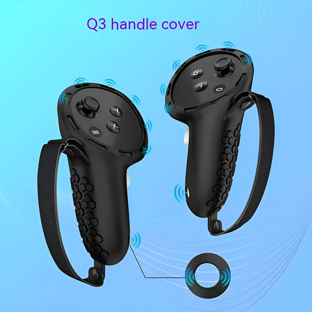 Silicone handle protective sleeves for Meta Quest 3 VR controllers with wrist strap in seven colour options