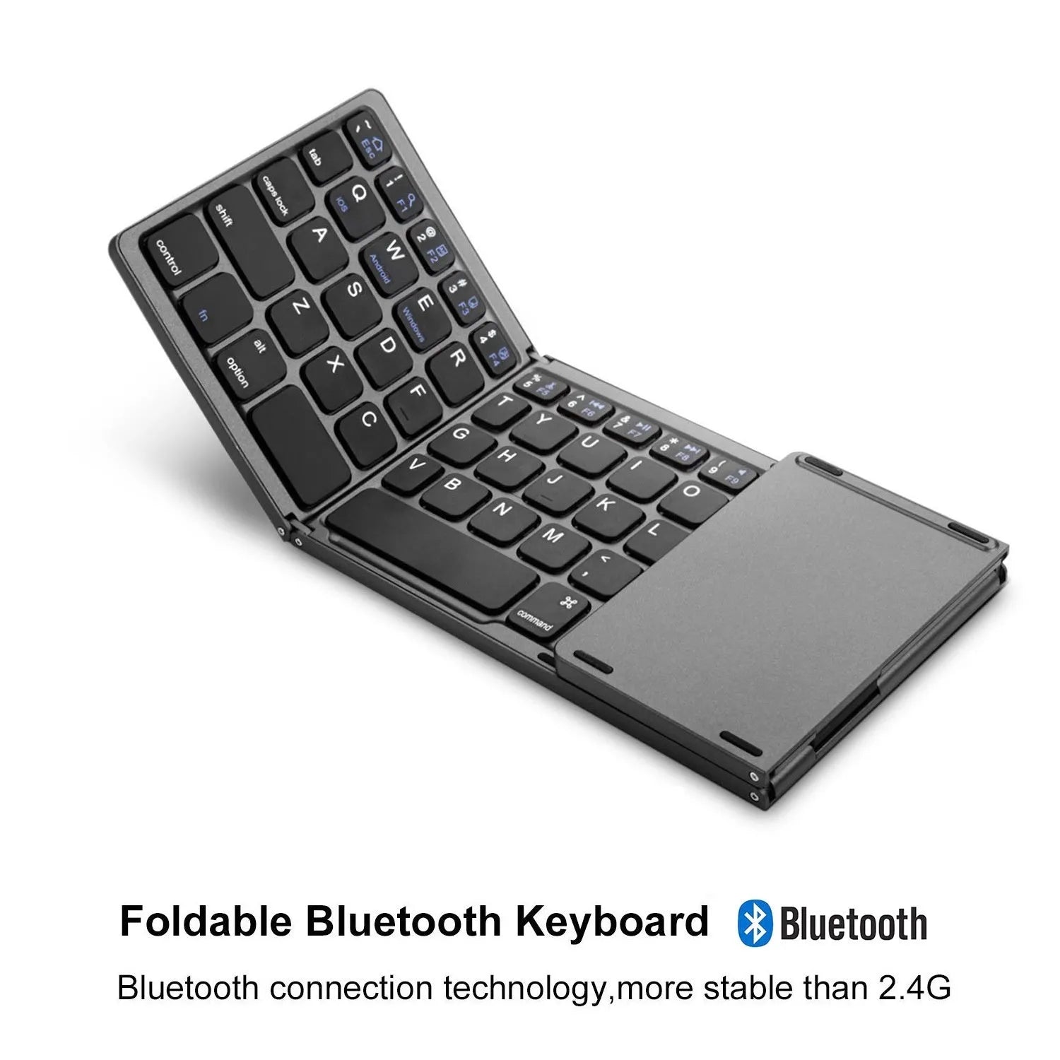 Black tri-fold Bluetooth keyboard showing folded and unfolded positions with thin 0.8cm profile