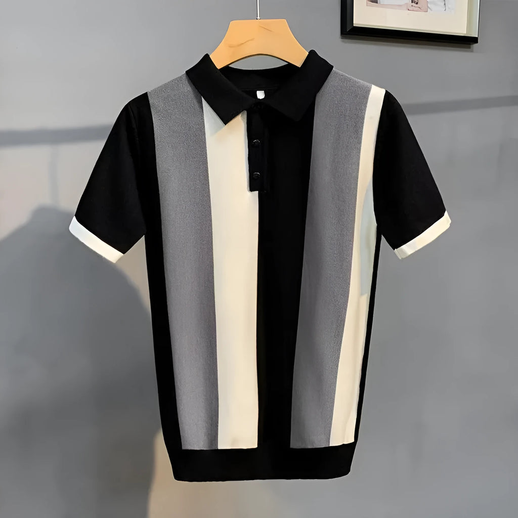 Men's short sleeve vintage stripe shirt with front zipper, khaki colour, Mercerized cotton and rabbit fur blend