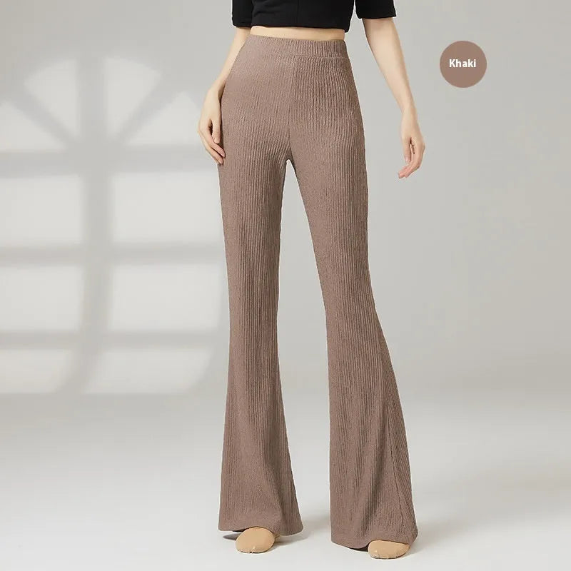 Female classical dance practice pants in polyester fabric showing five colour options including beige apricot and taro purple