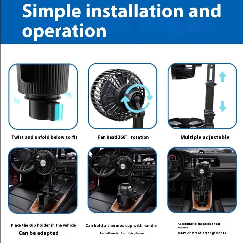 Car cup holder cooling fan in vehicle with cigarette lighter or USB power connection options