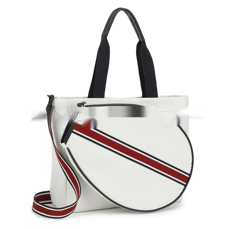 Canvas striped crossbody tennis racket bag in green and wine red, 33x11x40cm side view