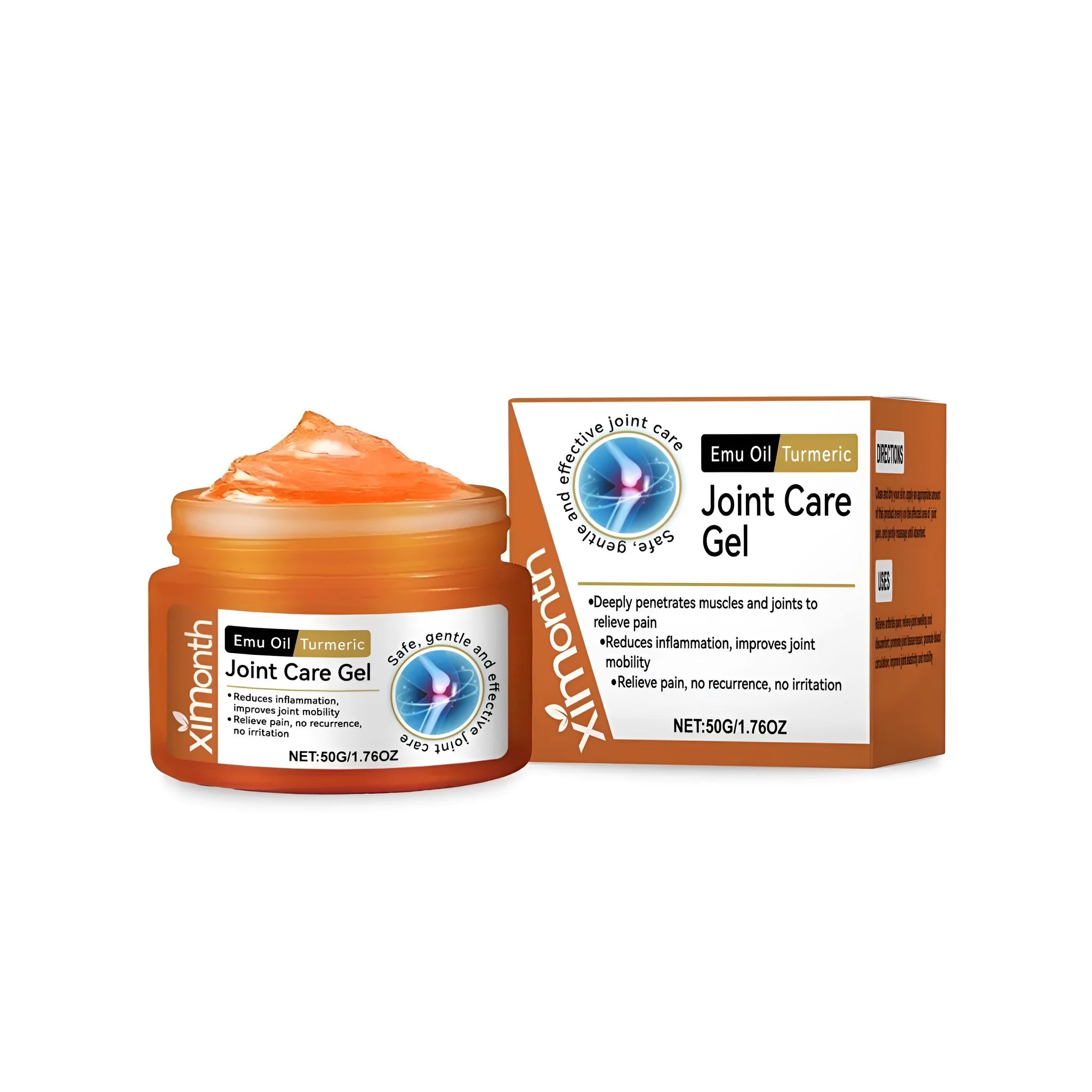 50g tube of turmeric, emu oil, and mint leaf joint pain relief gel.