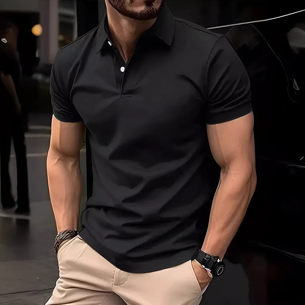 Men's slim fit button-up short sleeve shirt in a solid colour on a hanger.