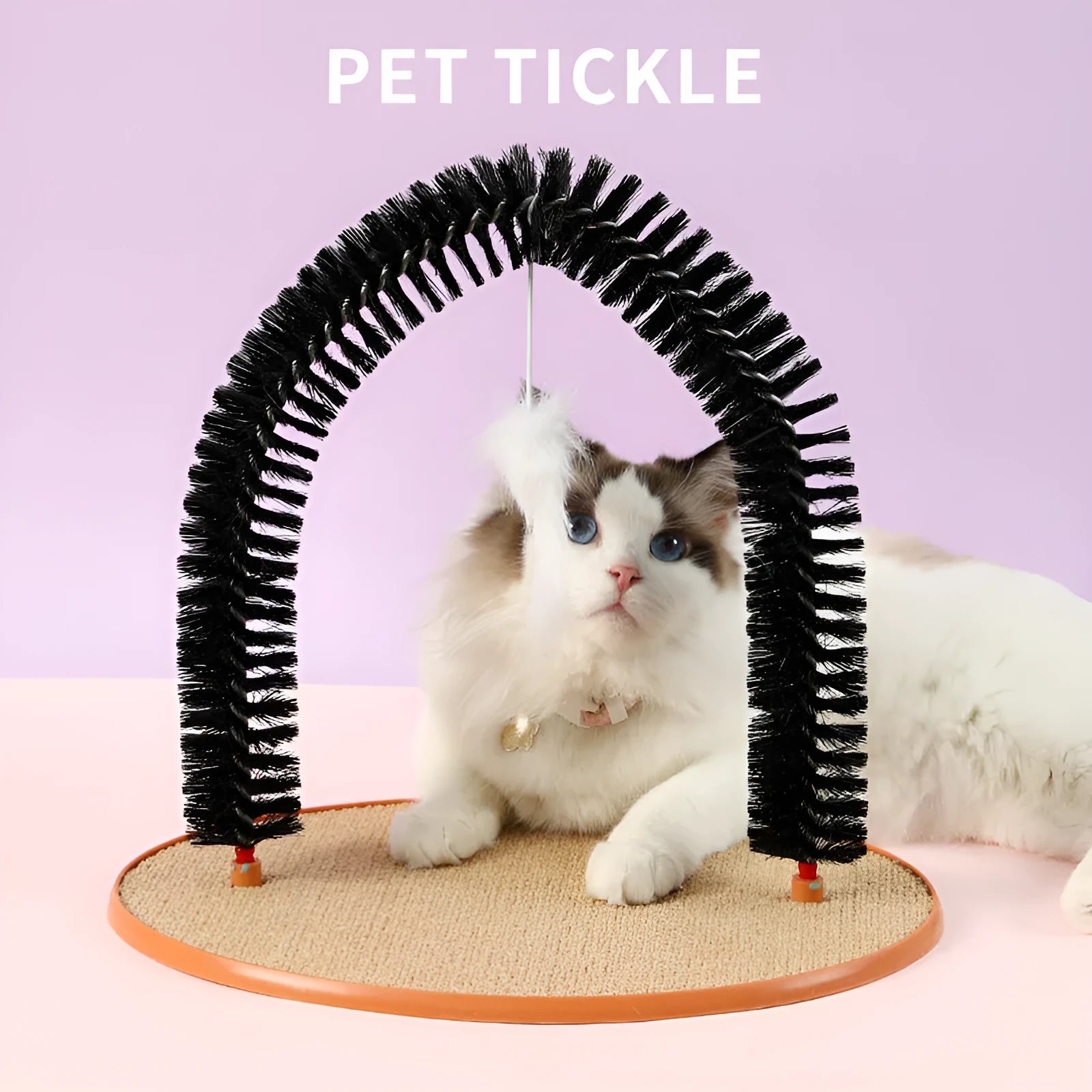 Black arch-shaped cat scratching post with anti-itch brush, non-slip base, and attached mouse toy