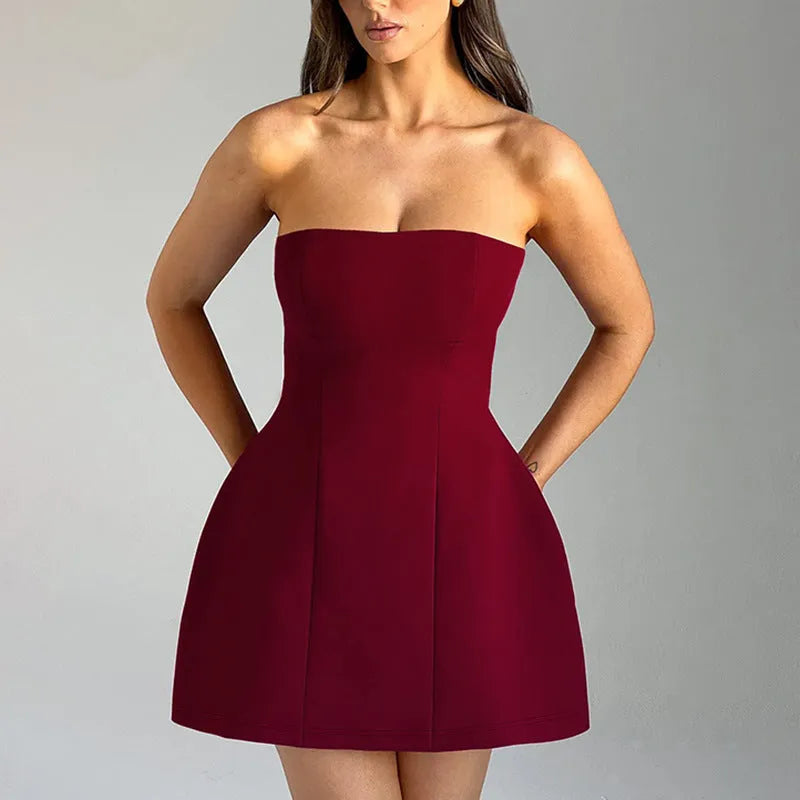 Women's backless tube dress with A-line skirt in solid colour options