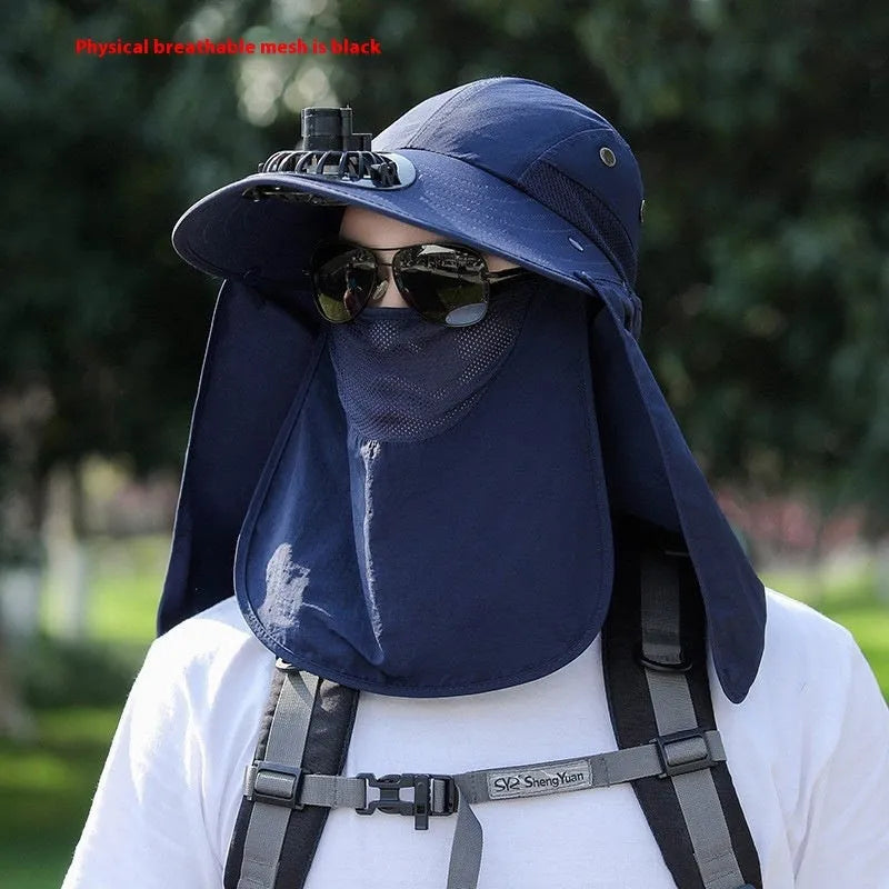 Men's sun protection hat with integrated USB fan and neck covering shawl in khaki colour