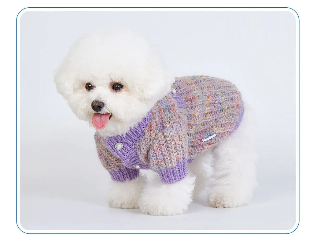 Purple dog cardigan sweater on pet model showing casual polyester construction