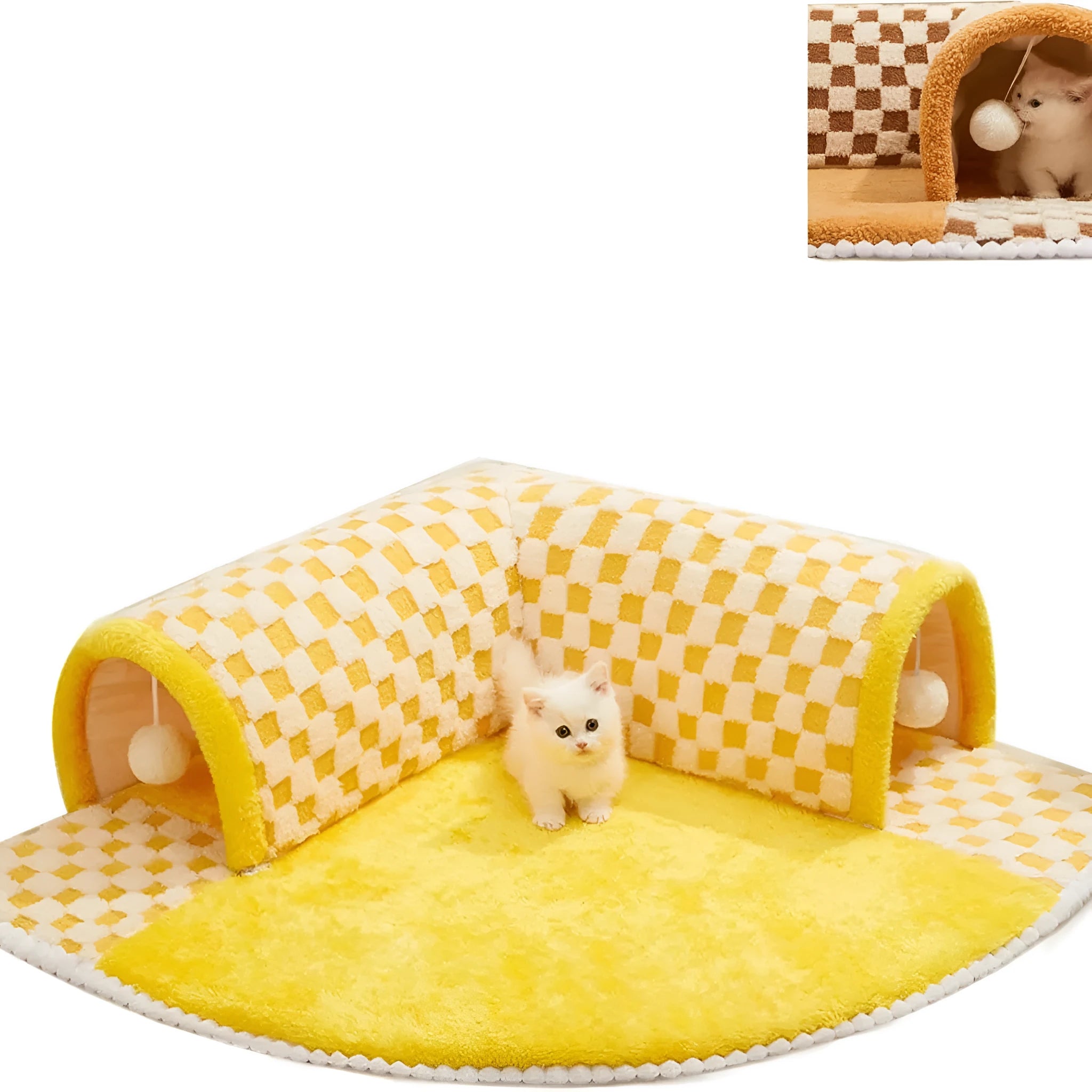 Brown and yellow plaid plush cat tunnel bed with central mat and non-slip bottom.