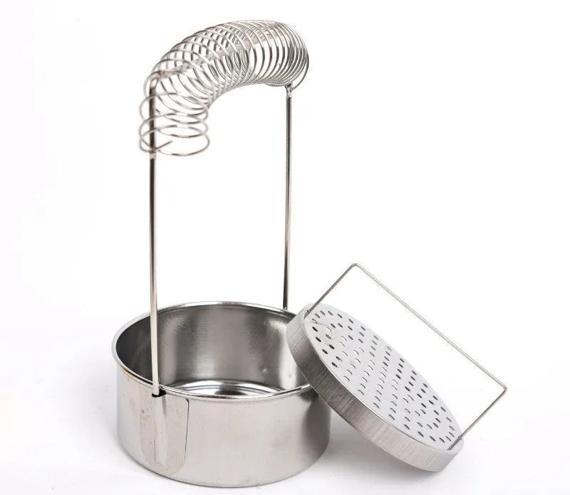 Silver stainless steel oil painting pen washer with a spring clip for holding brushes.