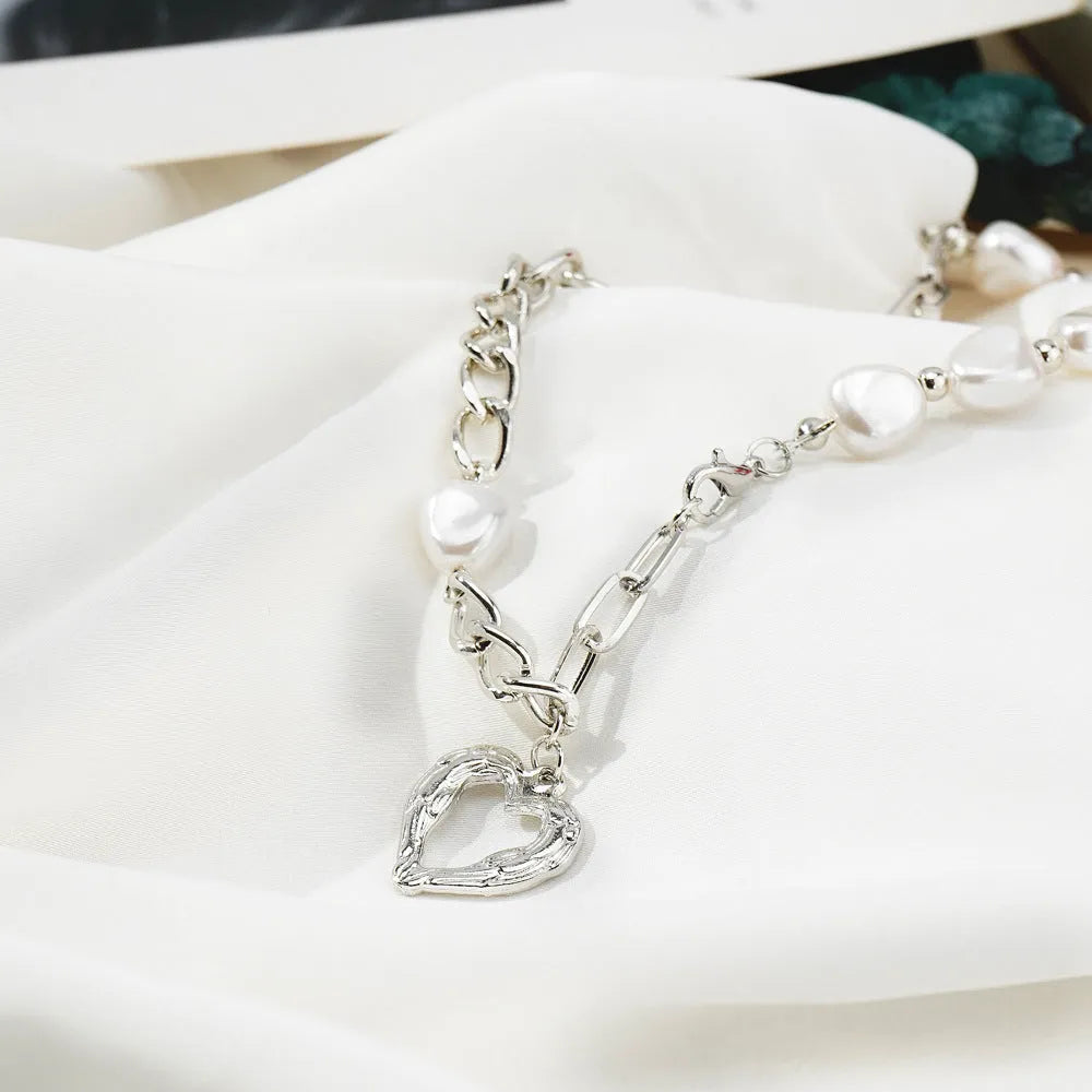 Love alloy clavicle chain for women handmade imitation pearl heart shape pendant with tassel on adjustable chain