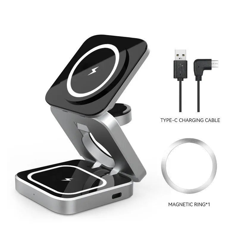 Folding three-in-one wireless charging bracket with magnetic ring on desktop