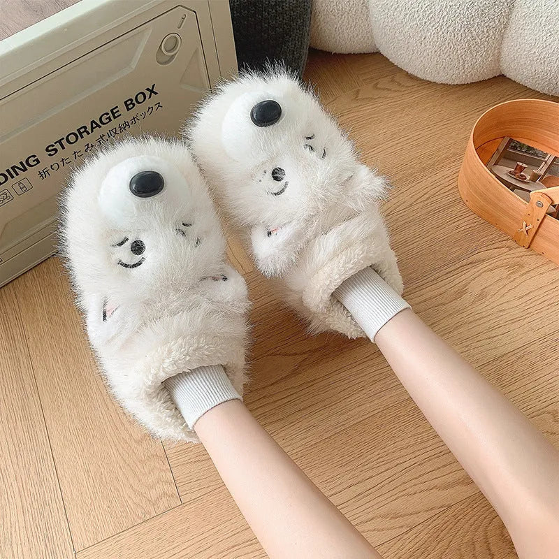 Grey and white ankle wrap cotton slippers with plush upper and artificial wool lining for home wear