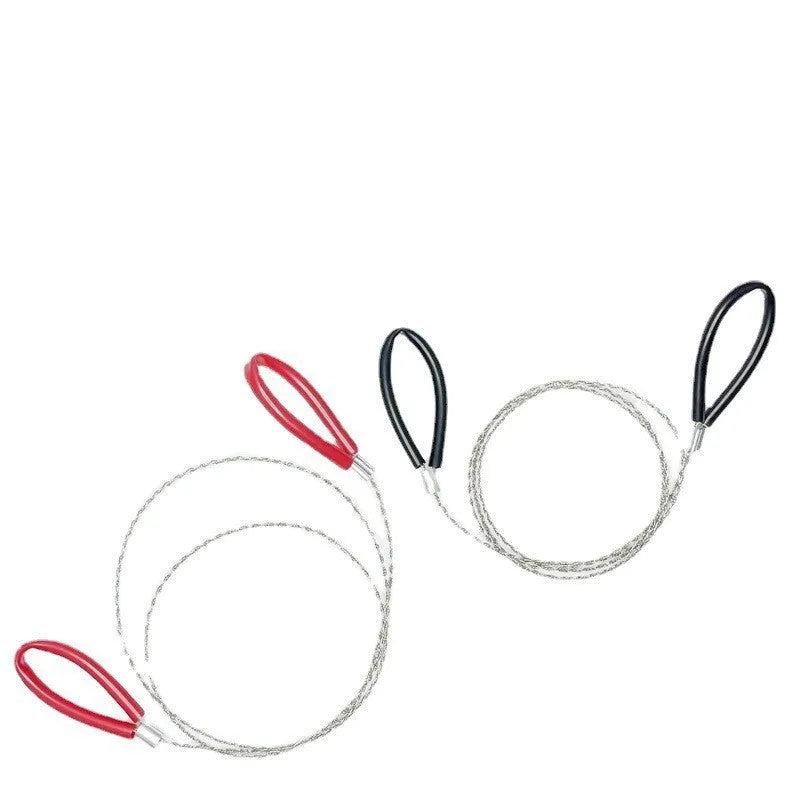 Black and red survival wire saw with leather case on a wooden background, showing its extended length.