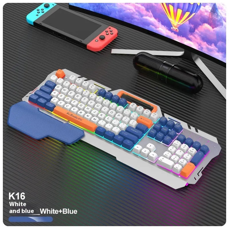 Blue and grey wired gaming keyboard and mouse set with backlit keys