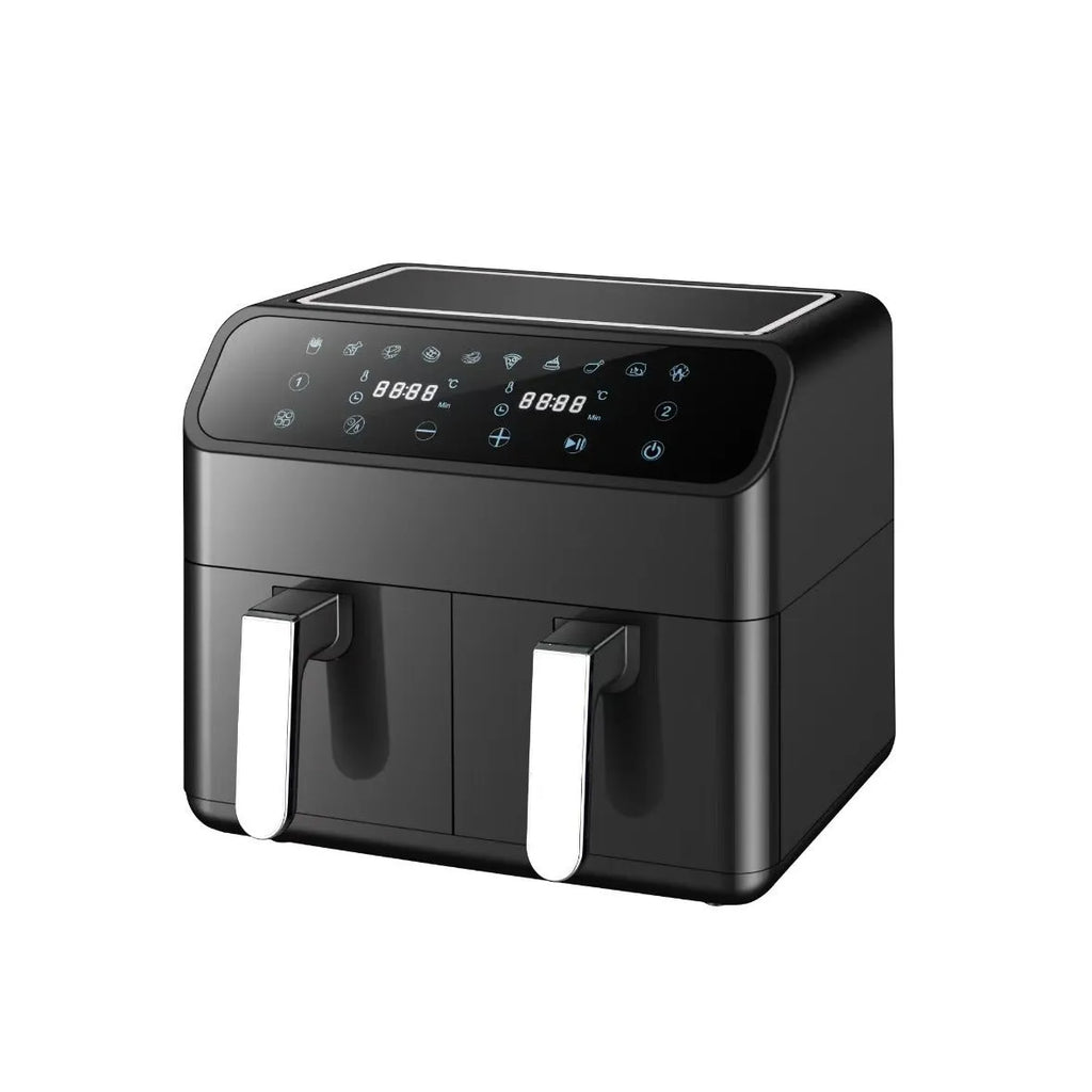 8L stainless steel dual basket air fryer with touch screen control panel, two separate 4L baskets, 2300W