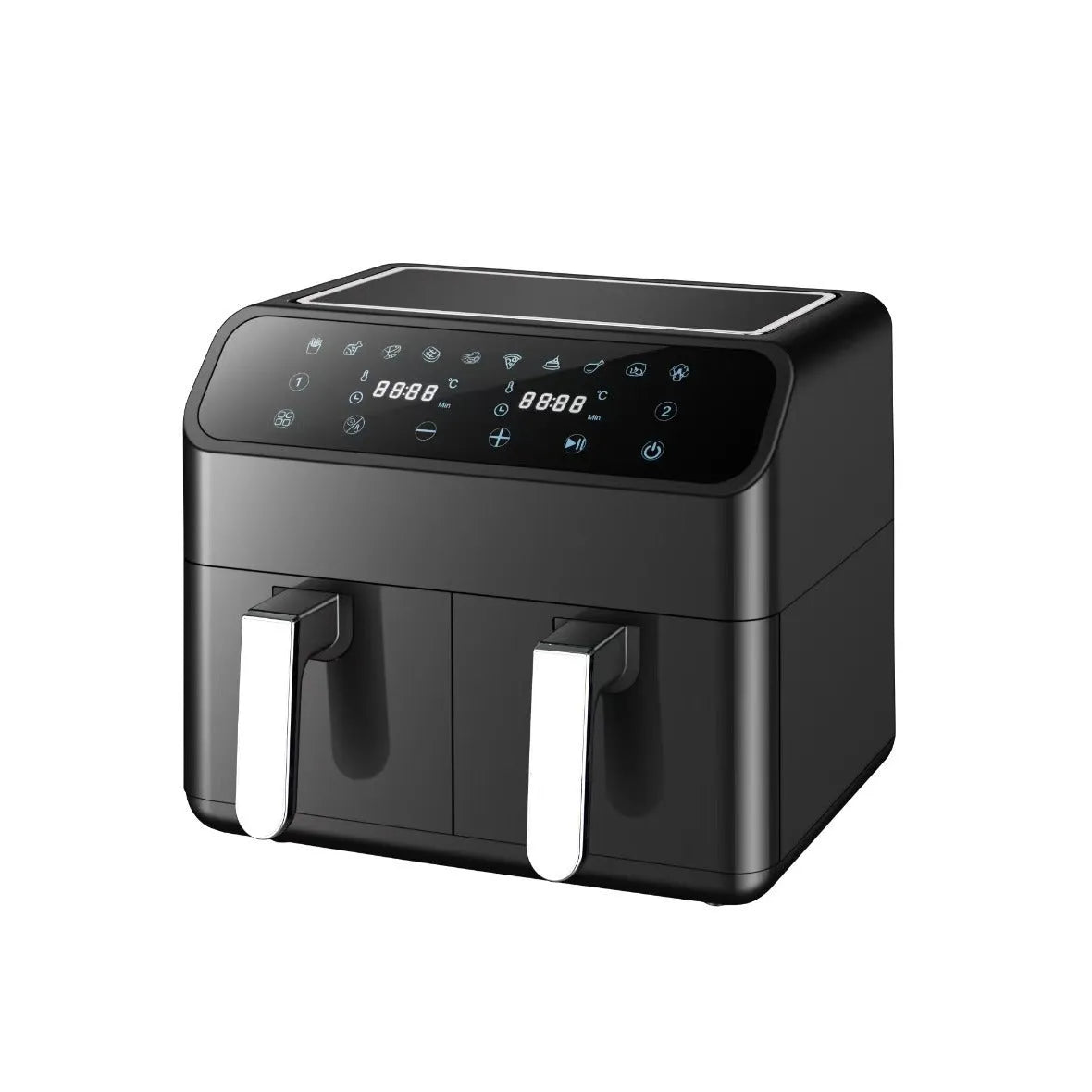 8L stainless steel dual basket air fryer with touch screen control panel, two separate 4L baskets, 2300W