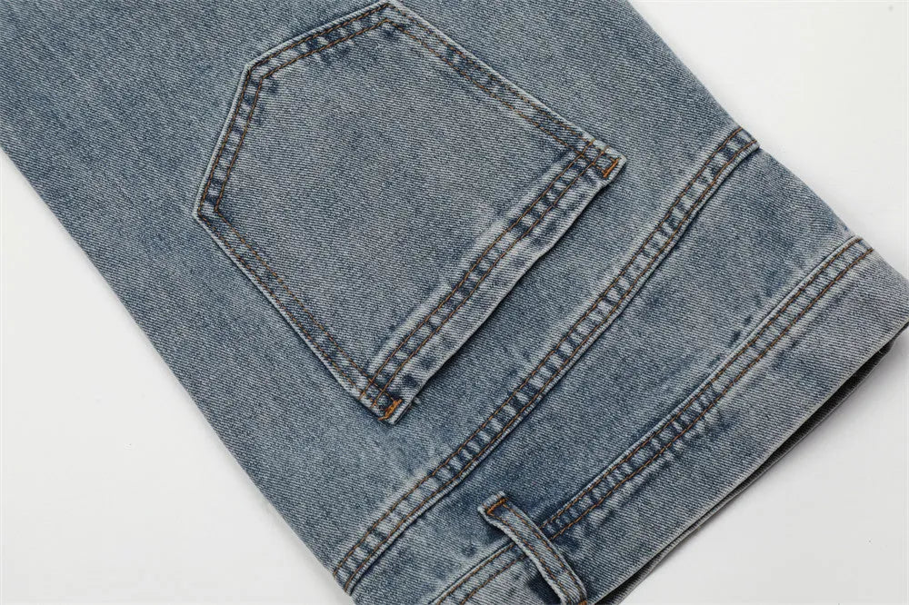 Men's blue cotton denim jeans mid waist casual trousers youth leisure wear