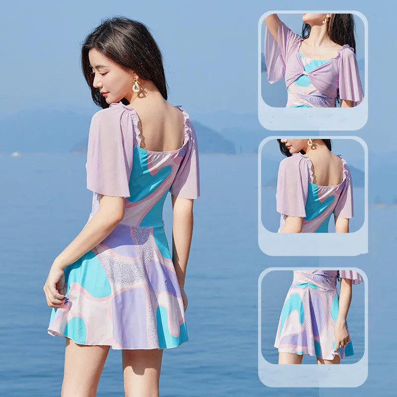 Women's floral high-waist one-piece swimsuit in light purple or light blue