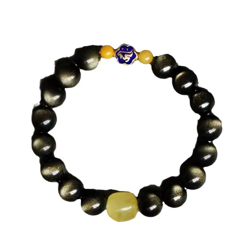 Golden obsidian bracelet with 10mm zodiac animal beads in geometric ethnic design