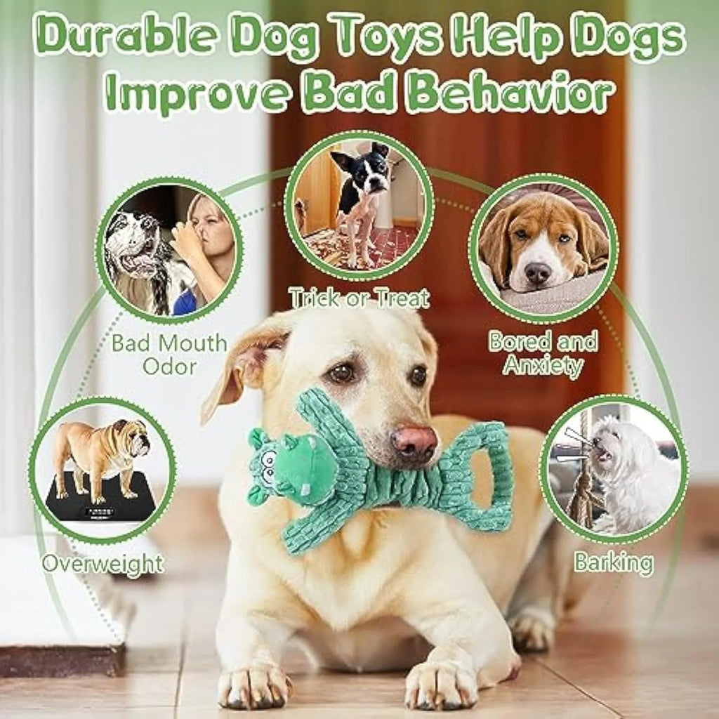 Large plush squeaky dog toy with a handle, shown in a Hippo design, for tug of war and indoor play.