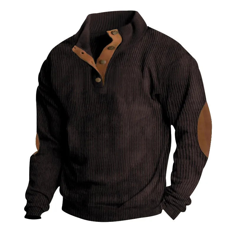 Men's casual stand-collar long sleeve pullover sweatshirt in solid colour with striped design, loose fit polyester top