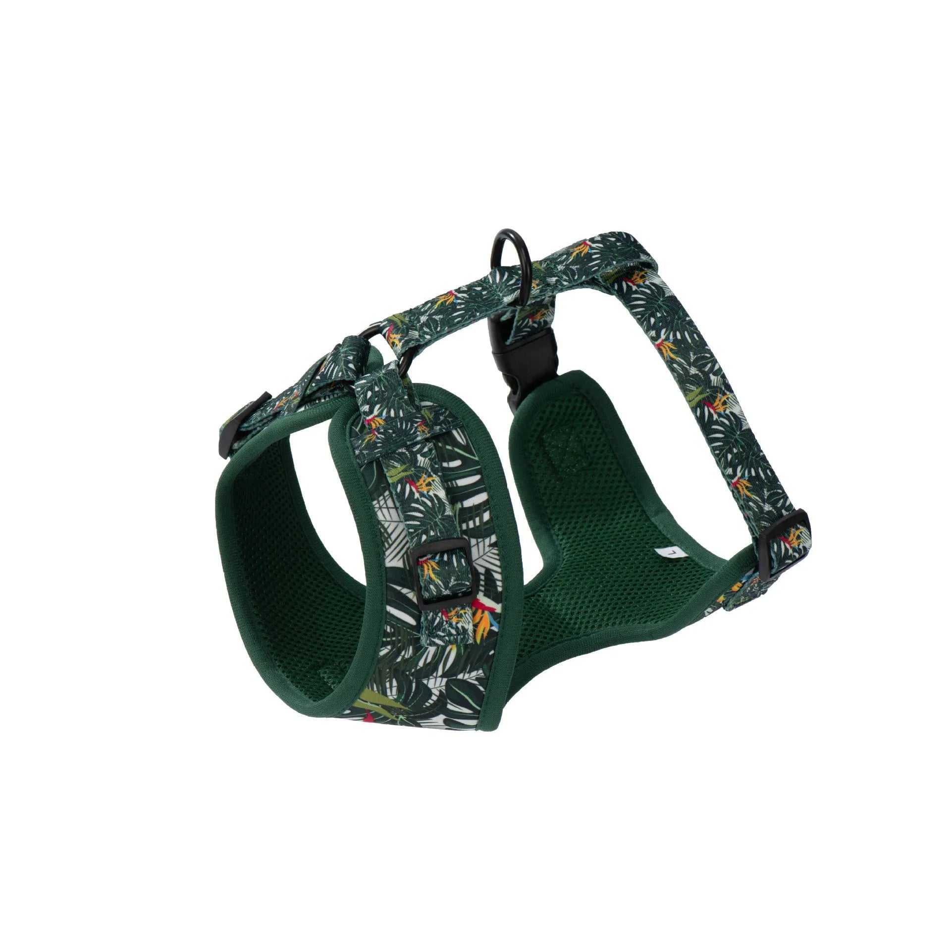 Six-piece adjustable cloth dog harness set with lead, collar, waste bag, bow, and scarf.