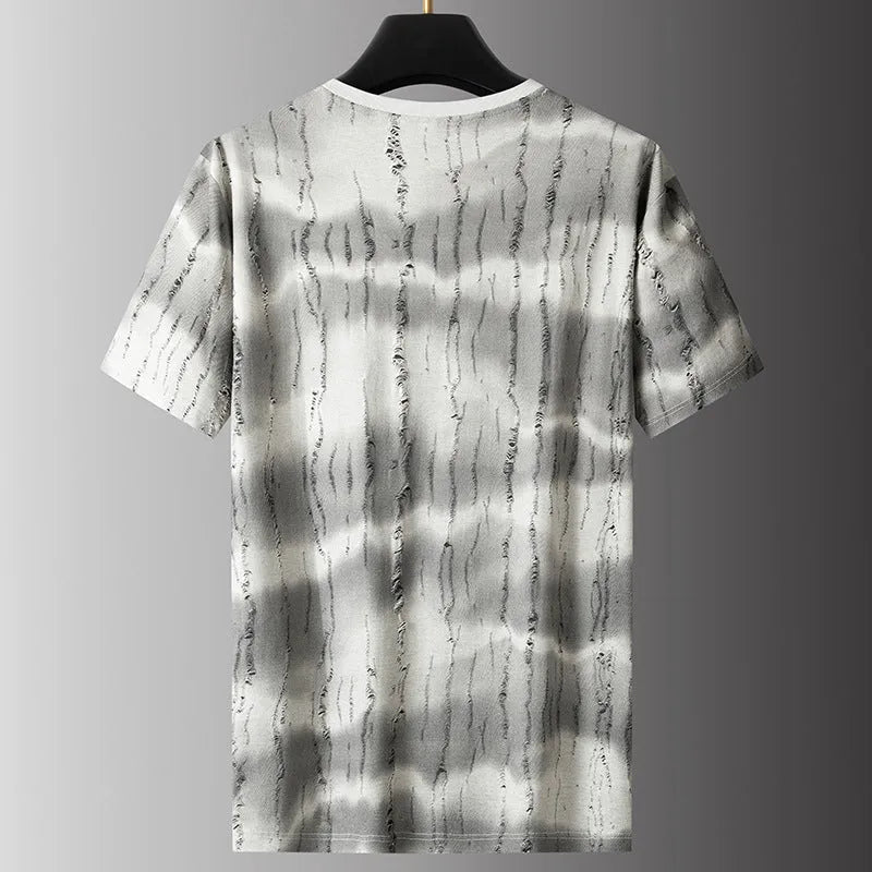 Men's grey plus size loose-fit silk T-shirt with short sleeves on a hanger.