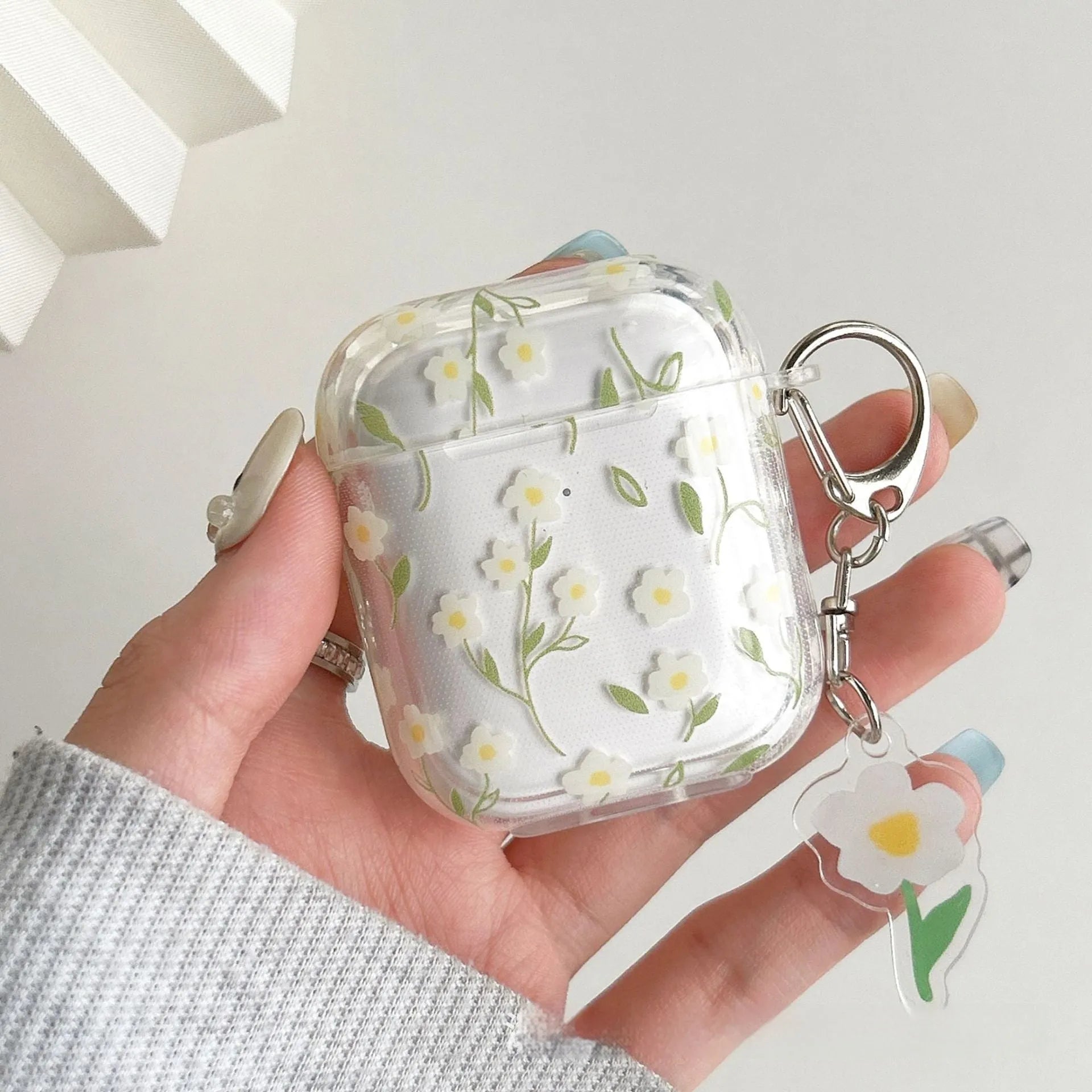 White floral patterned transparent TPU protective case for Apple AirPods headphones